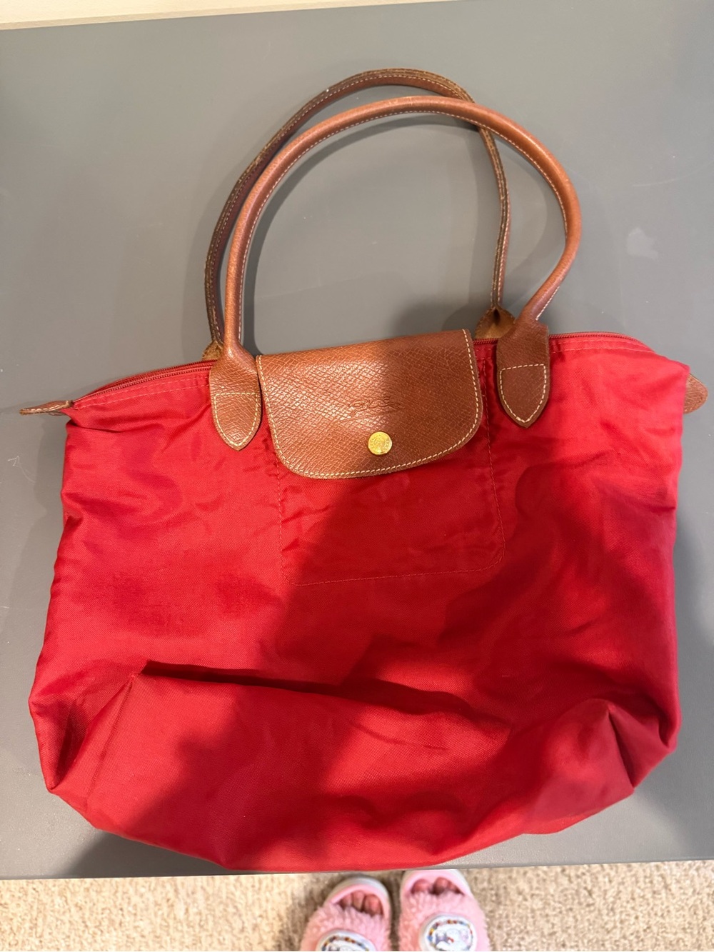 Longchamp Red Tote with Brown Leather Trim and Handles